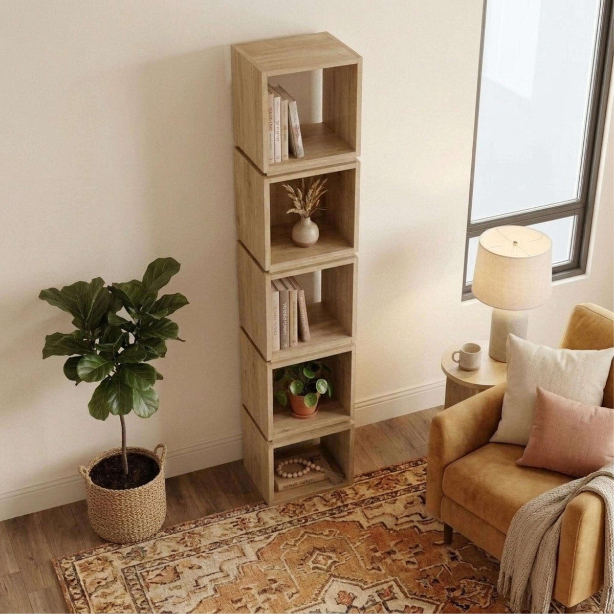 Light oak tall bookcase with stacked open shelves, styled with books and decor