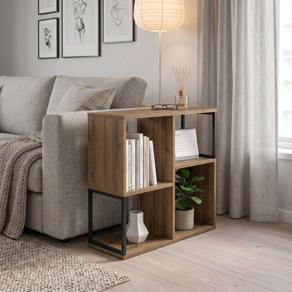 Dark oak mini bookcase side table with open cubbies and black metal legs