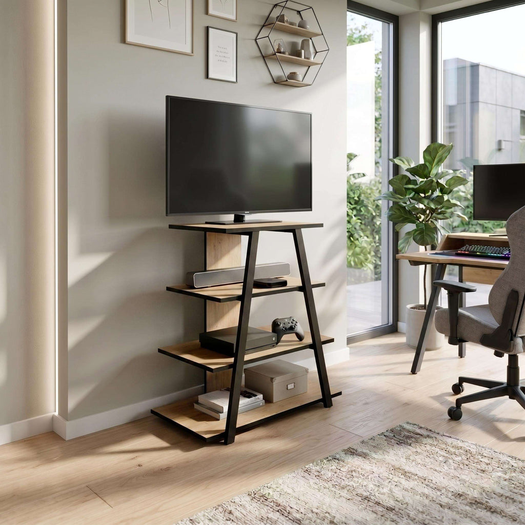 Angled mini TV entertainment unit with open shelves, black frame and light wood shelves