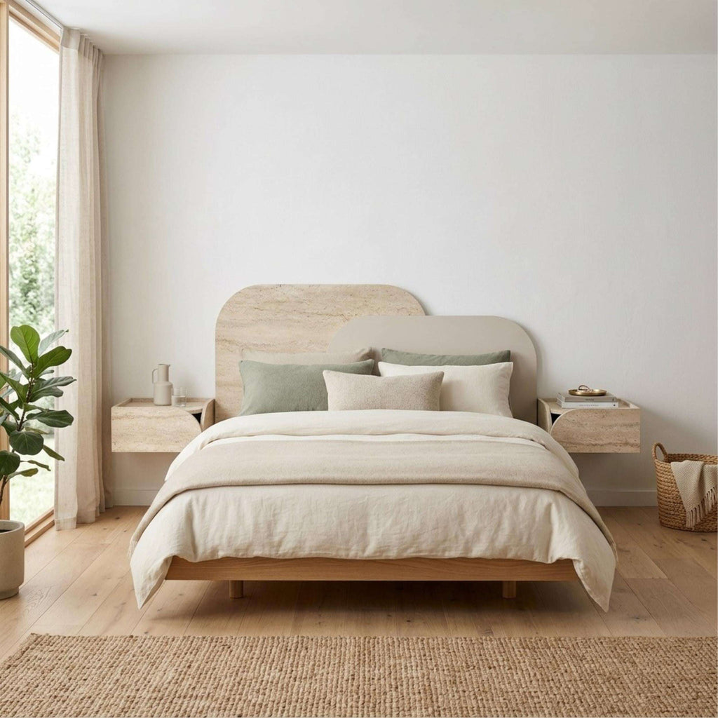 Stone-look wall headboard for king bed, light beige with rounded arch top