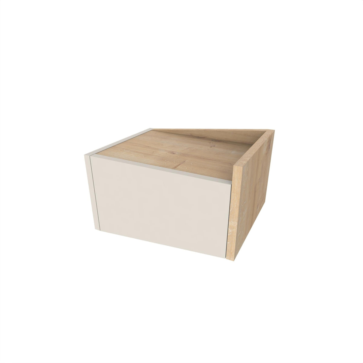 Floating bedside table with drawer, open top shelf, light oak sides and white front