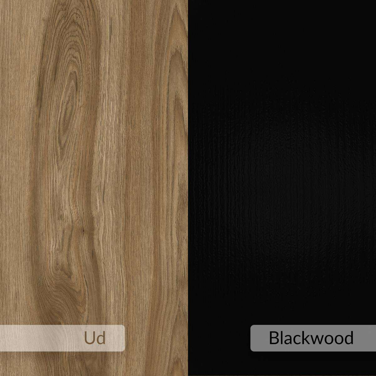 Woodgrain panel with dark black side panel and small color label tab