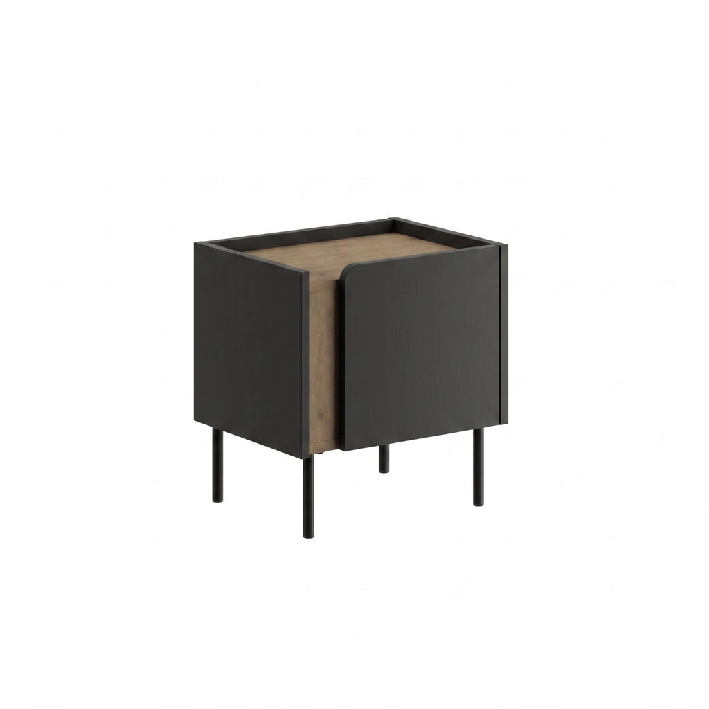 Modern bedside table with open door, dark finish and black metal legs