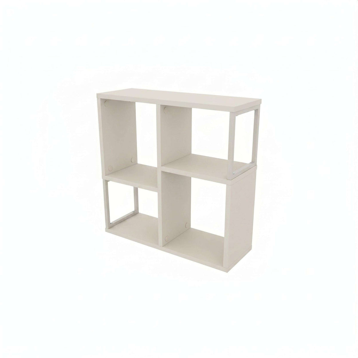 White mini bookcase side table with 2x3 open cubby layout and slim legs