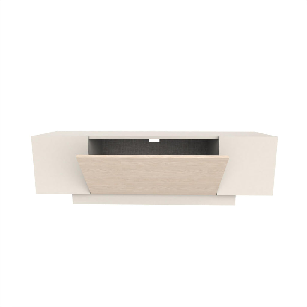 White TV console with central open shelf and oak front panel