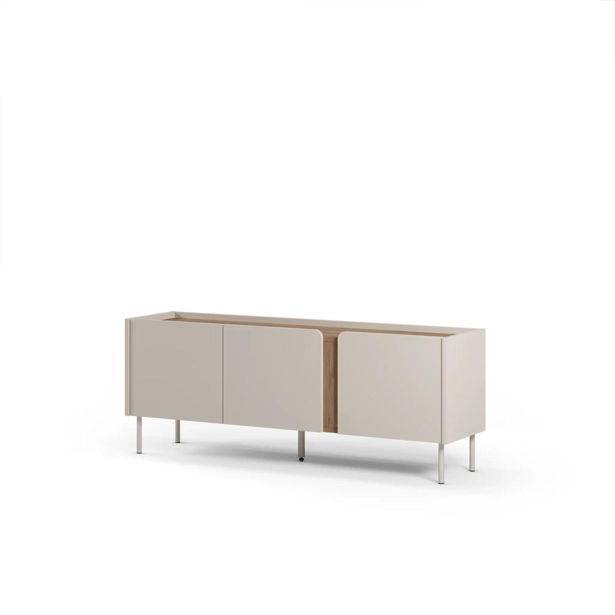 Low 3-door TV unit in sand-colored panels with natural wood sides and legs
