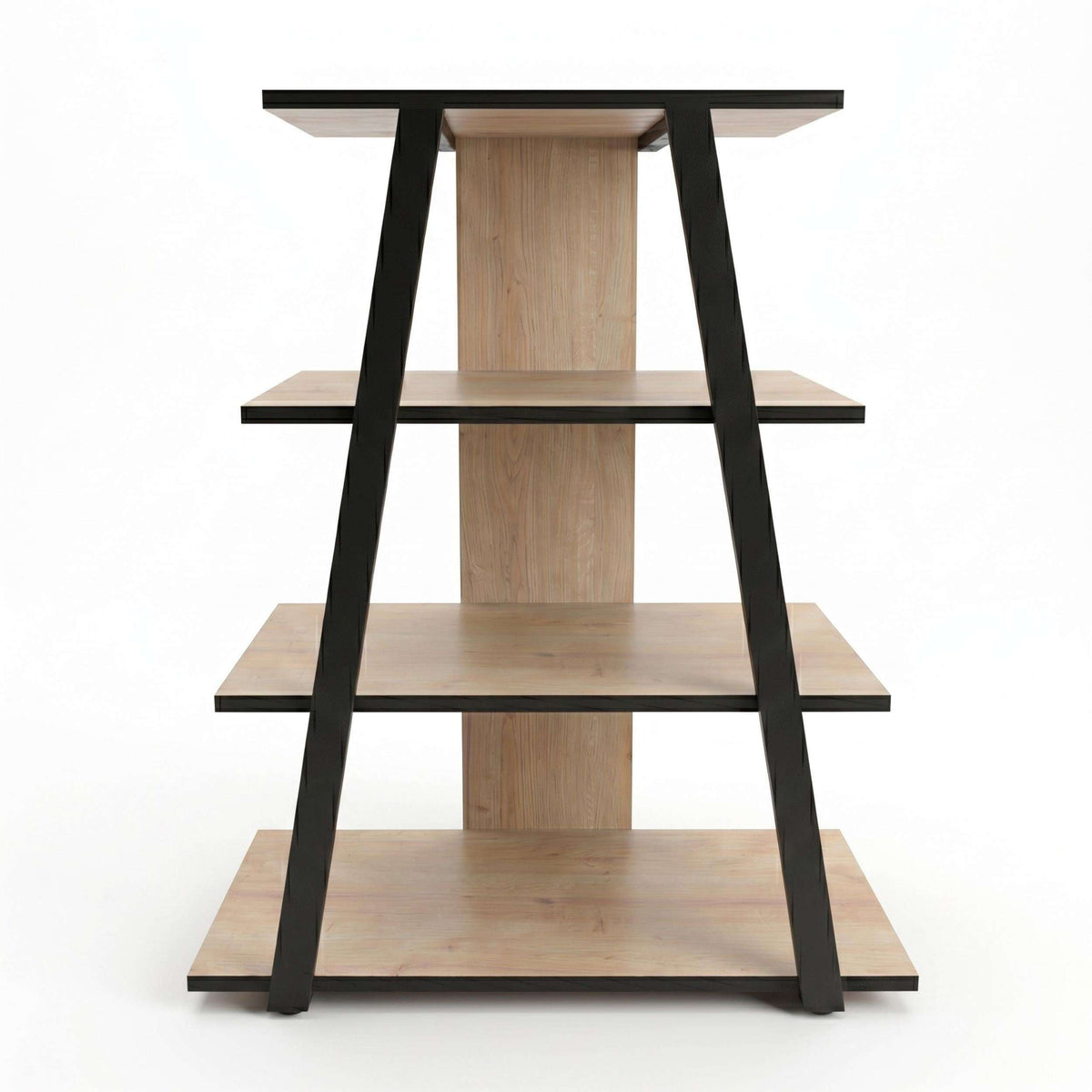 Angled TV stand with open shelves, light wood shelves and black frame, front view