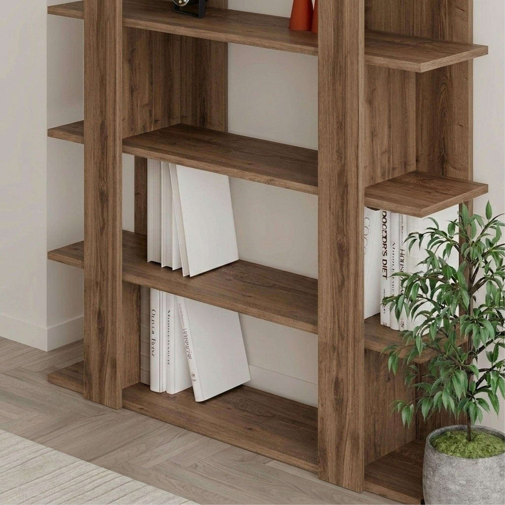 Tita modern bookcase display unit, medium 122cm, oak shelves with side compartments