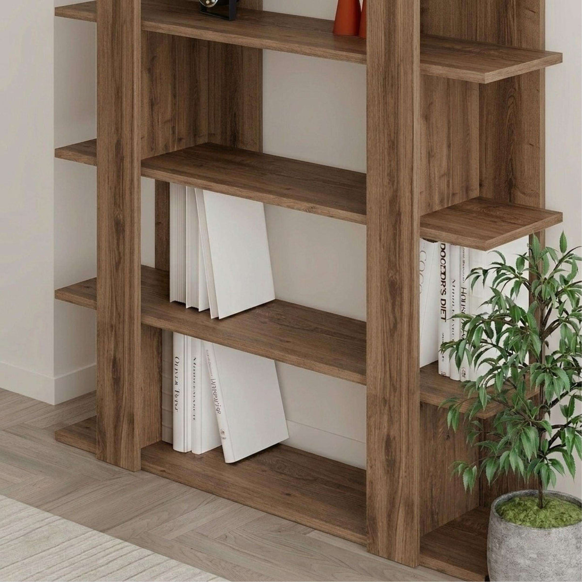 Tita modern bookcase display unit, medium 122cm, oak shelves with side compartments