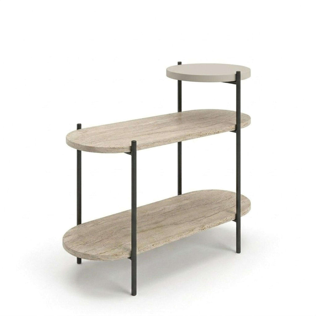 Sandstone 3-tier side table with light wood shelves, round top, and dark metal legs