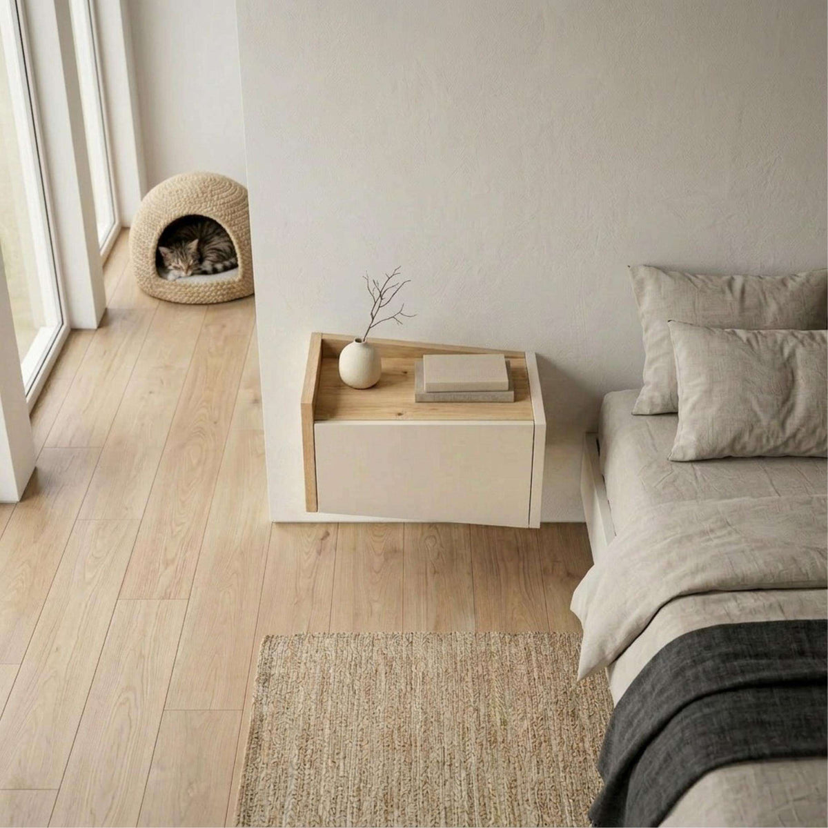 Floating bedside table with drawer and open top shelf, light wood and white finish