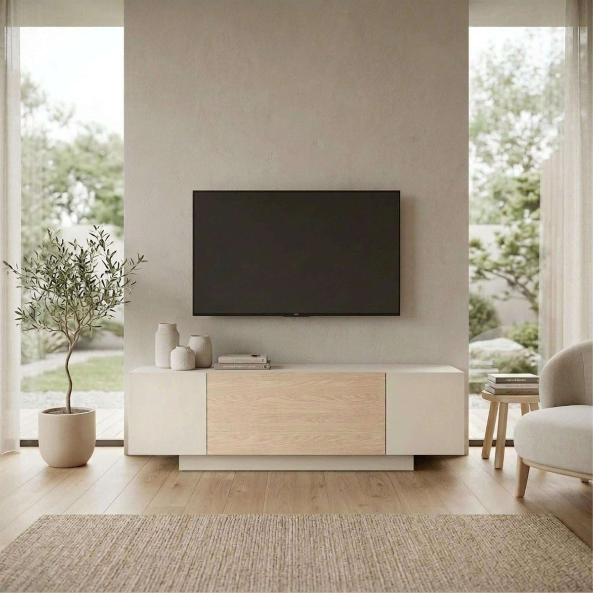 Sandstone oak and white TV console with open media shelf and dark cabinet