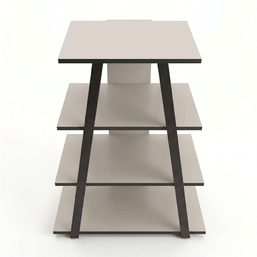 Angled mini TV entertainment unit with open shelves, light top and gray frame
