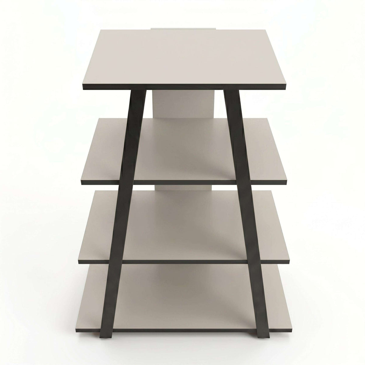 Angled mini TV entertainment unit with open shelves, light top and gray frame