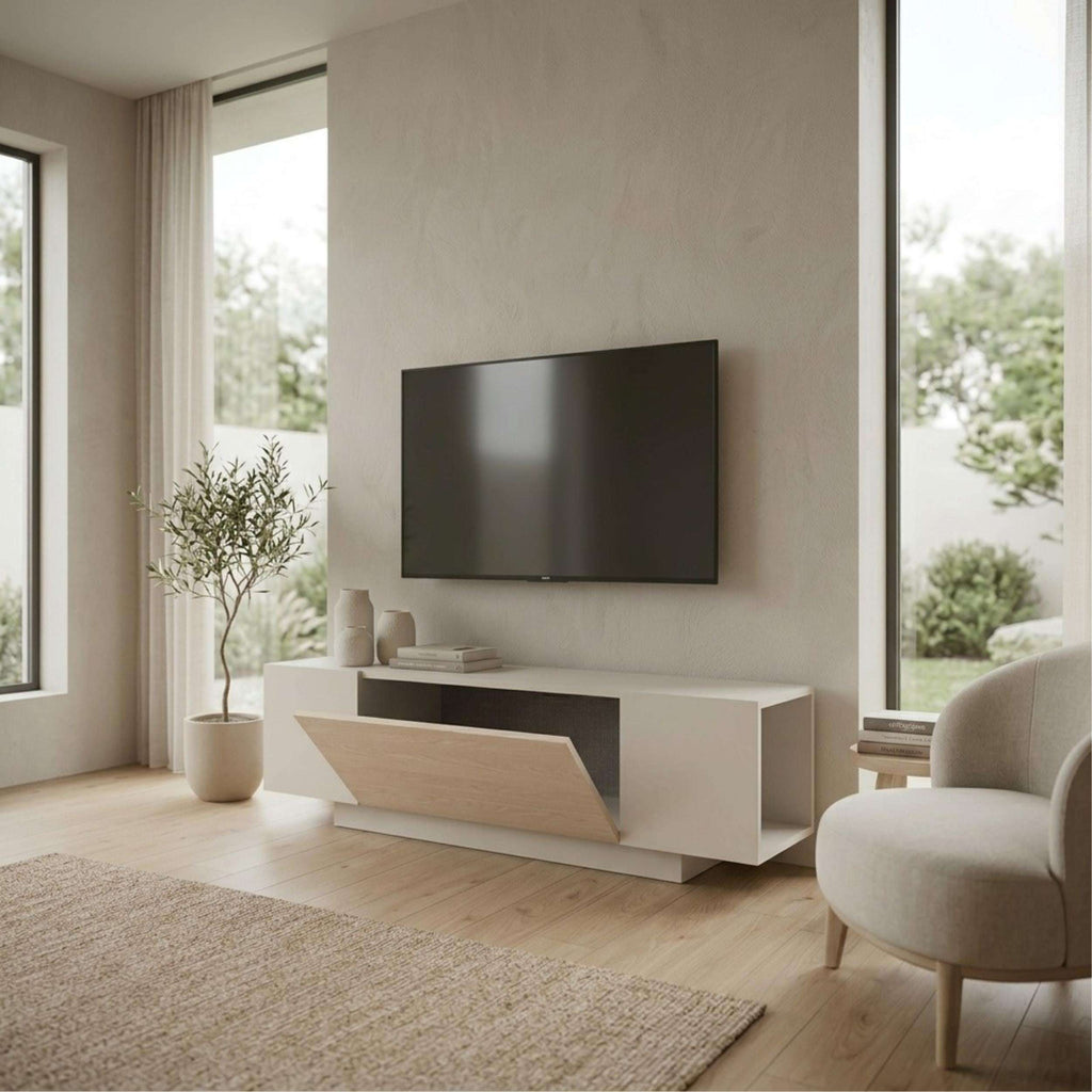 Sandstone oak TV console with white doors and central open shelf under TV