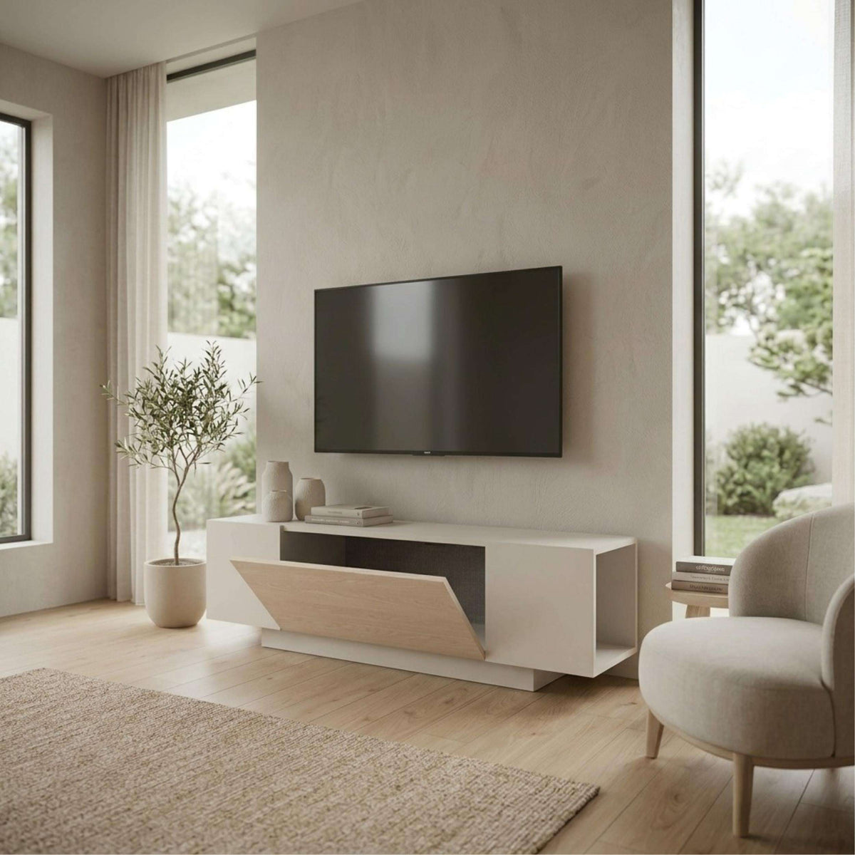 Sandstone oak TV console with white doors and central open shelf under TV