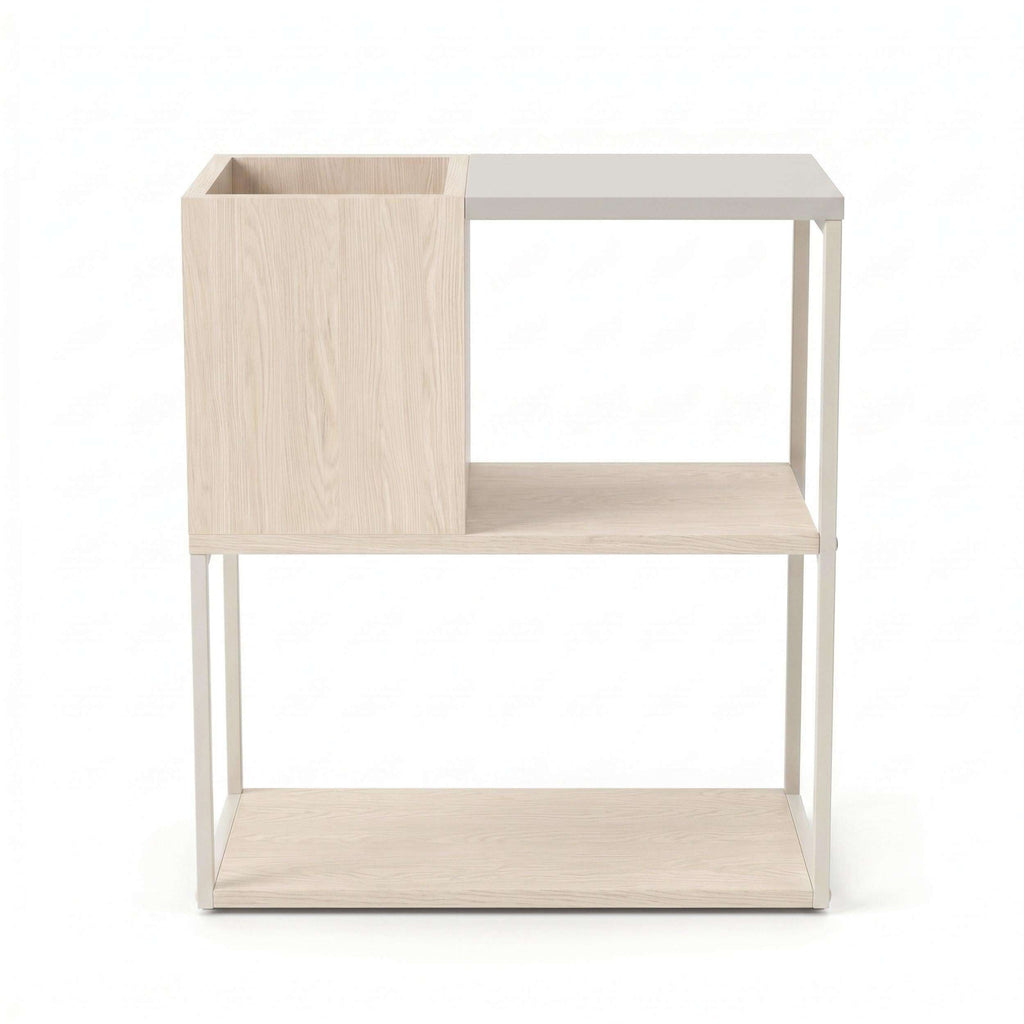 Light wood end table with open front and two-tier shelf frame