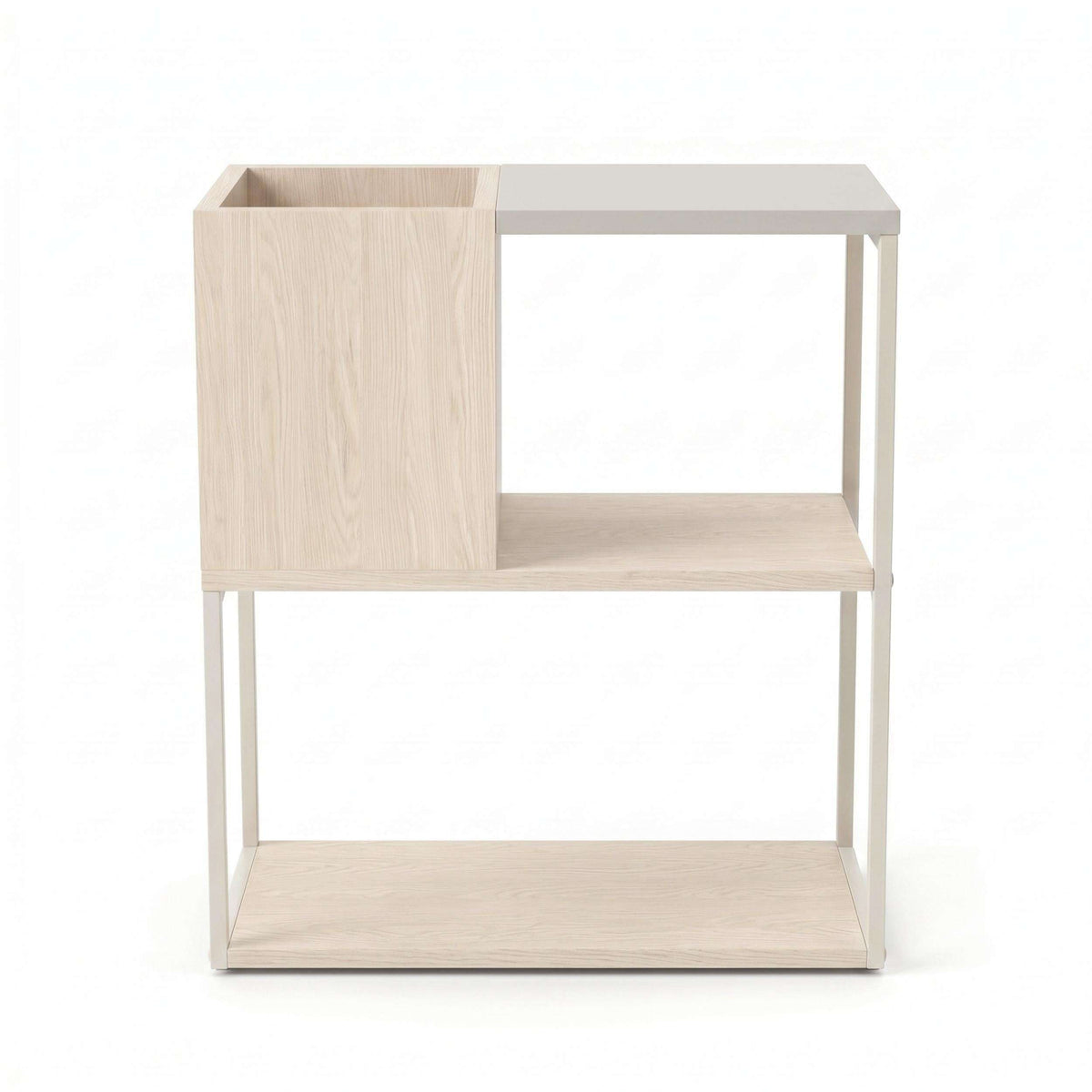 Light wood end table with open front and two-tier shelf frame