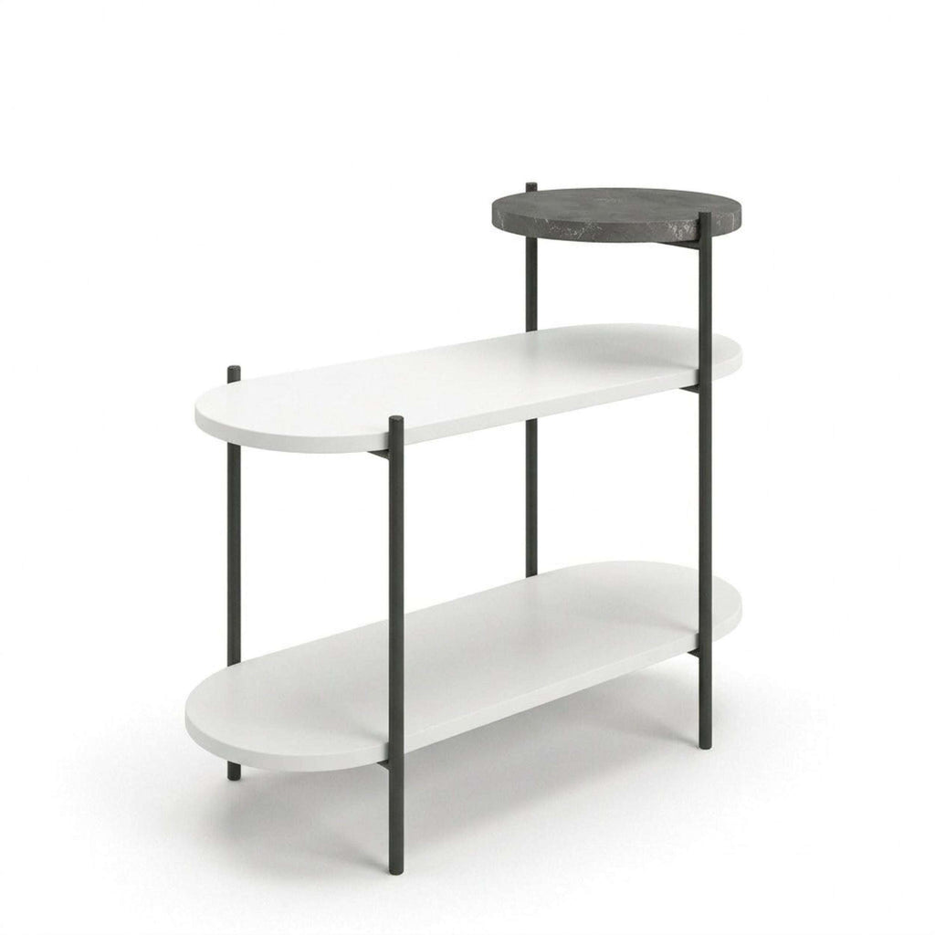 White 3-tier side table with a dark round top, curved shelves, and metal legs
