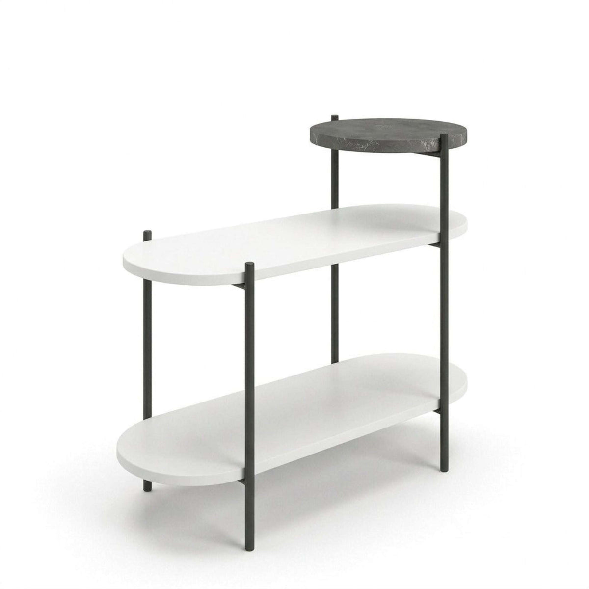 White 3-tier side table with a dark round top, curved shelves, and metal legs