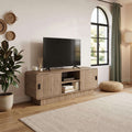 Natural oak TV unit with two cabinet doors, open shelf, and side handles