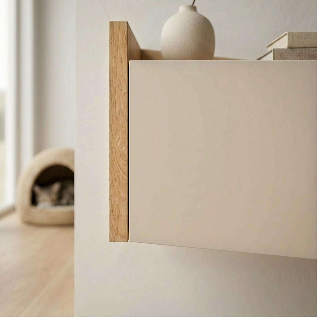 Floating bedside table drawer front with light wood side panel and open shelf above