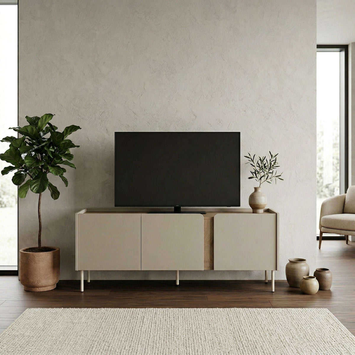 3-door TV unit cabinet with natural oak frame and light sandstone front panels