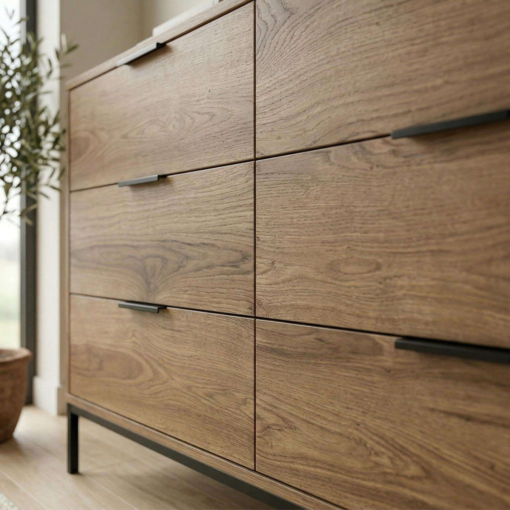 Whiskey oak 6-drawer chest with dark bar handles and wood-grain front panels