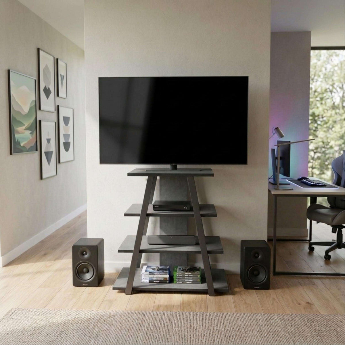 Angled mini TV entertainment unit with open shelves, dark gray frame and shelves