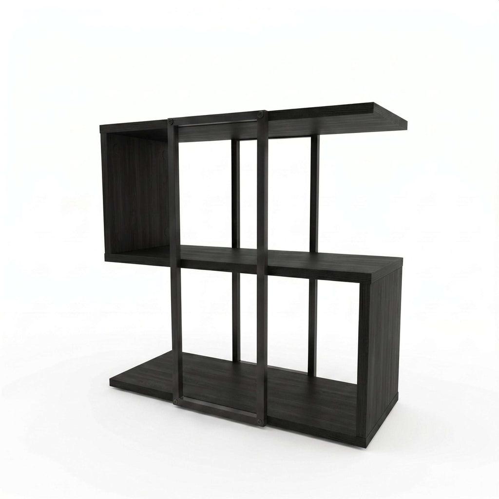 Stepped side table with open shelves, dark wood finish and black frame
