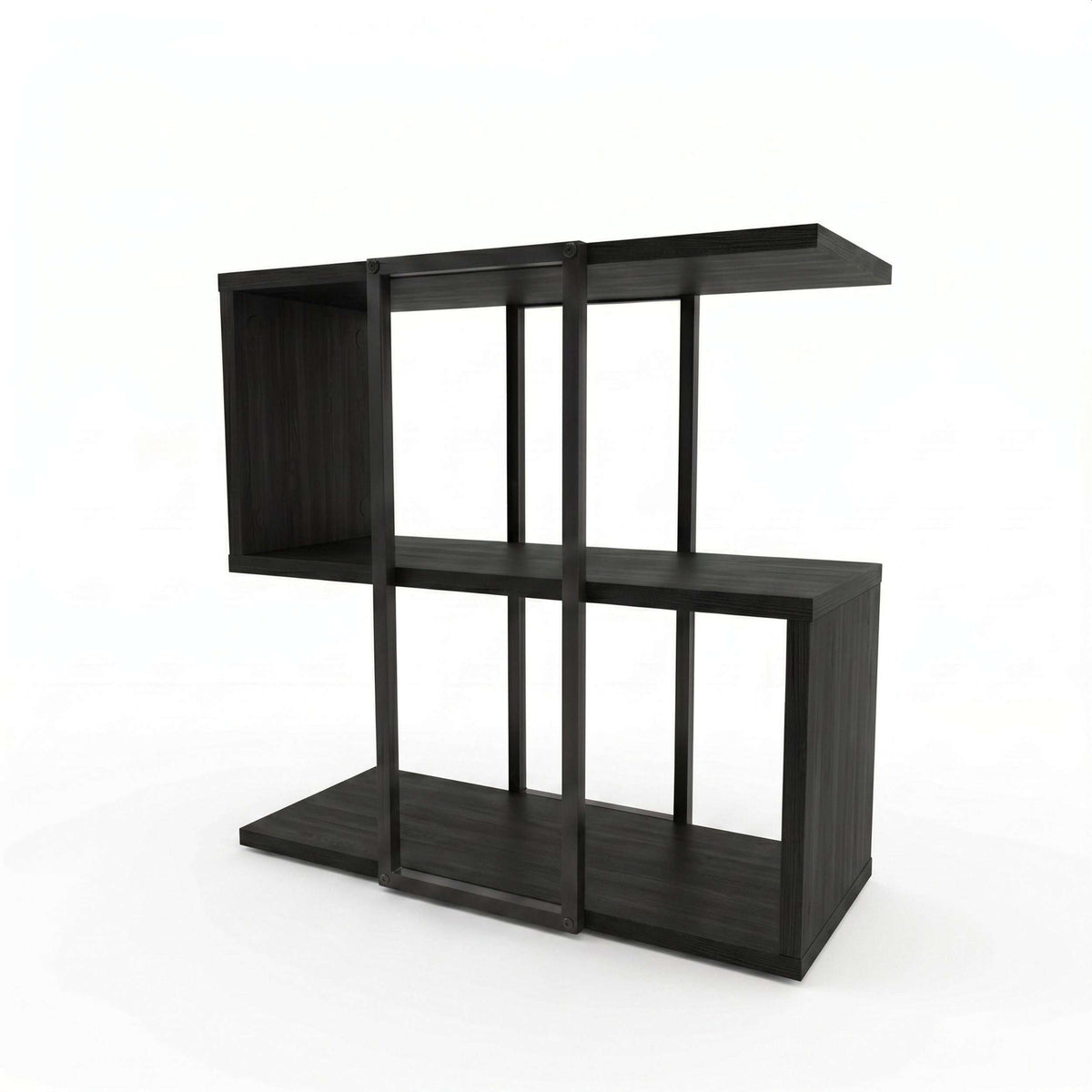 Stepped side table with open shelves, dark wood finish and black frame