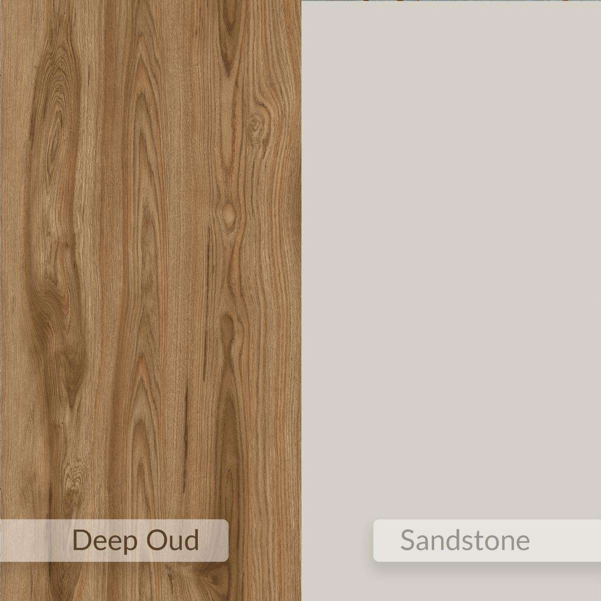 Color swatch panels: deep oud wood finish and sandstone light finish