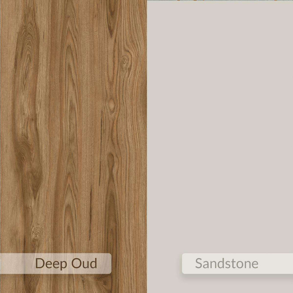 Woodgrain and light sand finish swatches for TV unit, showing Deep Oud and Sandstone looks.