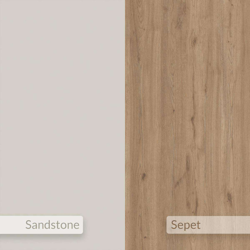 Light oak wood panel beside sandstone-toned finish swatch for coffee table storage