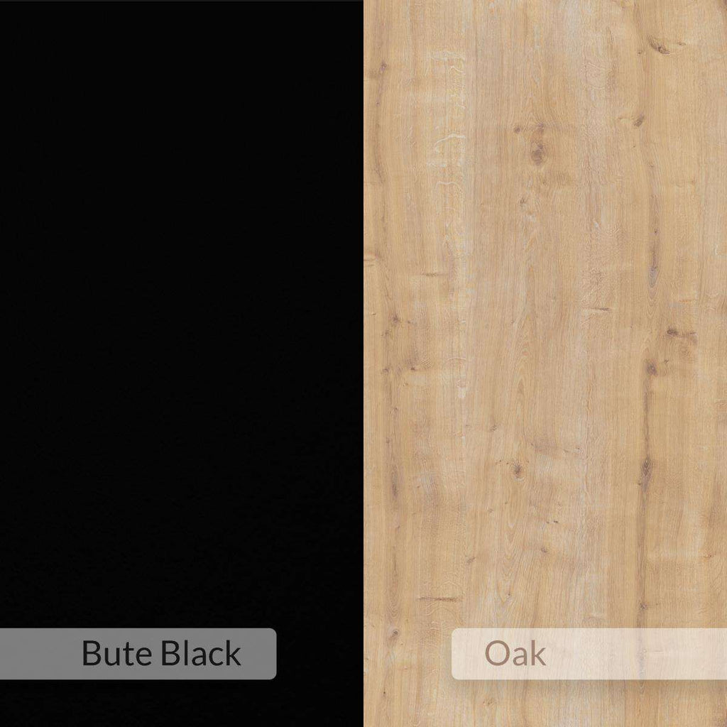 Finish options for angled TV unit: Bute Black and Oak panels