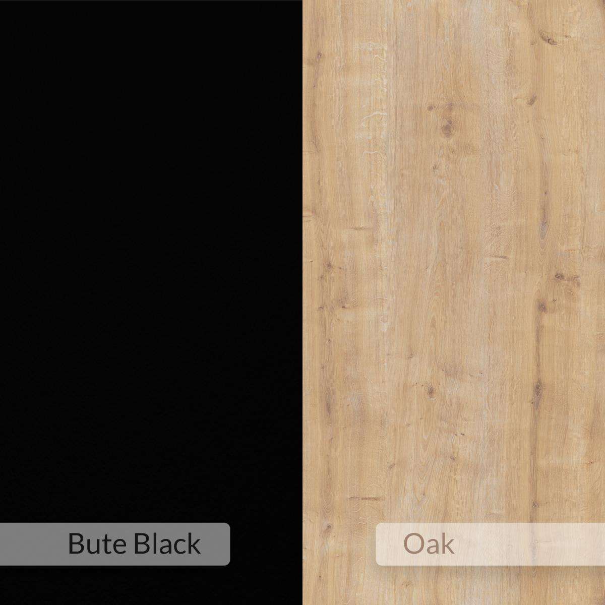 Finish options for angled TV unit: Bute Black and Oak panels