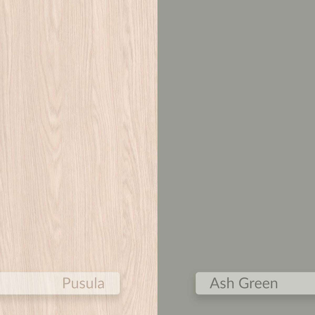 Ash Green floating bedside table with drawer and top shelf, right-side.