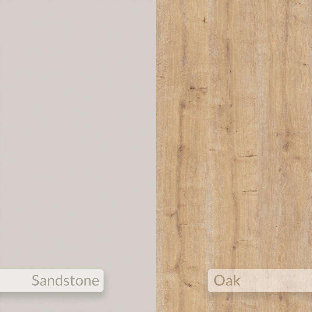 Coffee table color sample with light oak wood finish and Sandstone base.