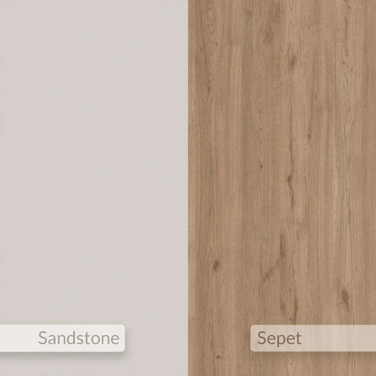 Sandstone-toned coffee table top edge with light wood texture