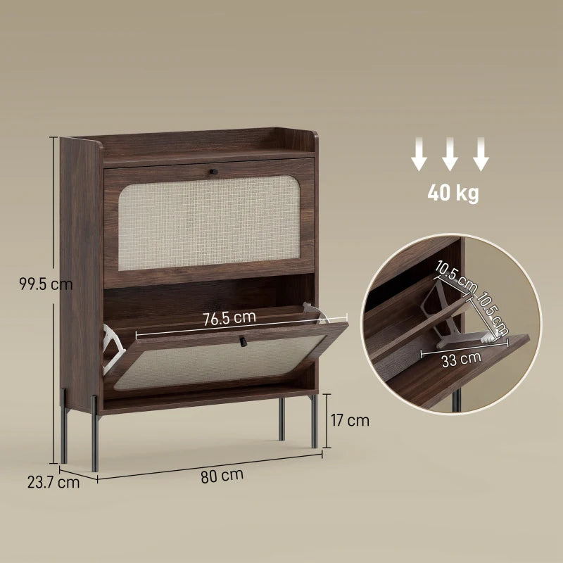 Dark brown shoe cabinet with flip drawer, side view and capacity diagram