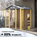 Metal garden shed with reinforced support posts, closed door and snow-covered roof