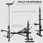 Fully adjustable weight bench with rack height settings and incline bench backrest