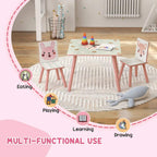 Pink kids table with two matching chairs, animal face panels, and patterned surface