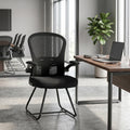Black mesh-back reception chair with flip-up armrests, padded seat, metal base