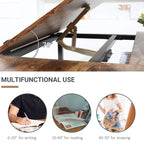 Adjustable drafting table with tilting support arms and rustic brown angled tabletop