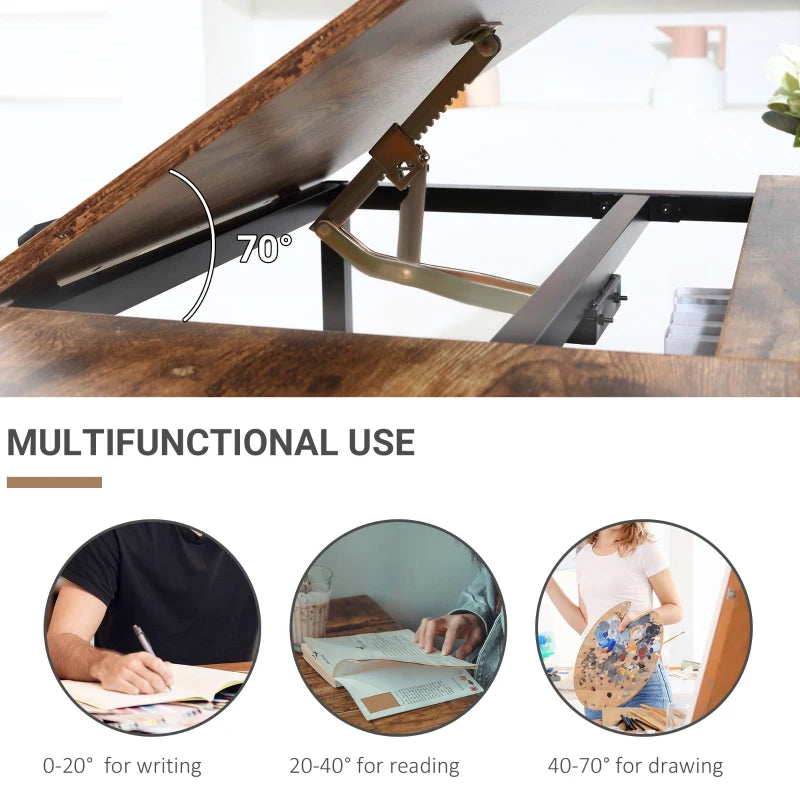 Adjustable drafting table with tilting support arms and rustic brown angled tabletop