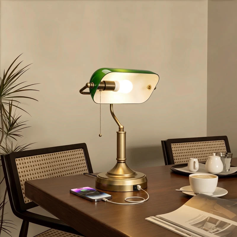 Green glass banker desk lamp with bronze stem and round base