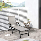 Brown folding chaise lounge with grey mesh seat and back, patio ready aluminum frame