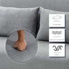 Light grey sofa bed cushion with comfort icons: breathable, soft, and elastic support