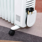 White oil-filled radiator heater with black caster wheels and side vent grilles